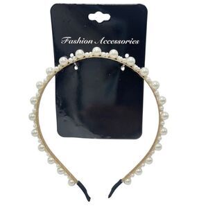 Women’s Gold Tone Structured Skinny Headband with Faux Pearl Accents